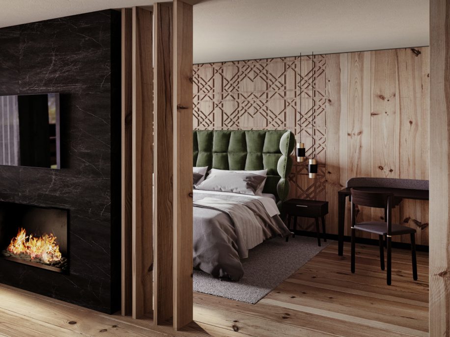 A wooden suite of Hotel Granbaita Dolomites furnished with Pipe chair